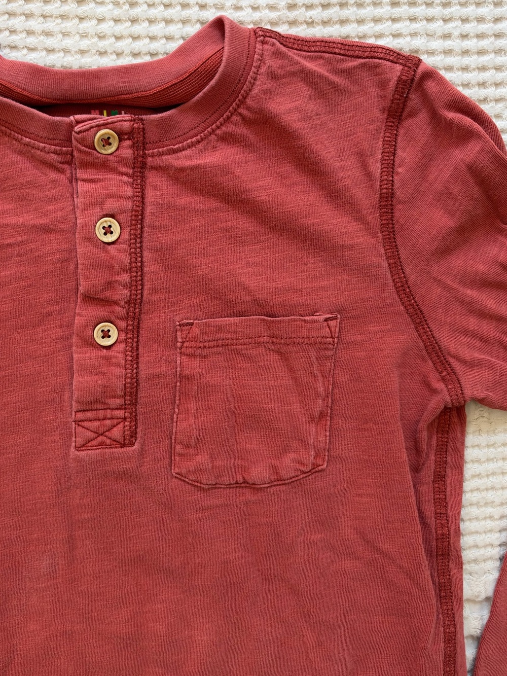 Mini Boden Long-Sleeve Henley Tee in Rust Red 8-9Y